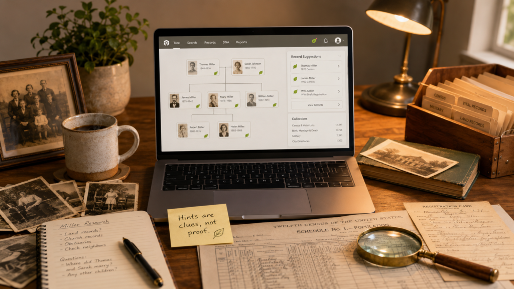 Cozy genealogy desk with a laptop showing family tree hints, old records, photos, notes, and a magnifying glass