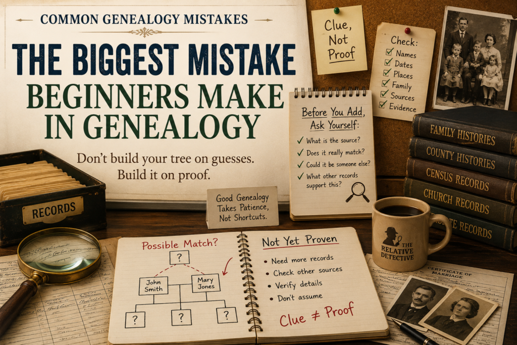 Beginner genealogist reviewing family tree records at a desk with old photos, documents, notes, and a laptop while checking sources before adding people to a family tree.