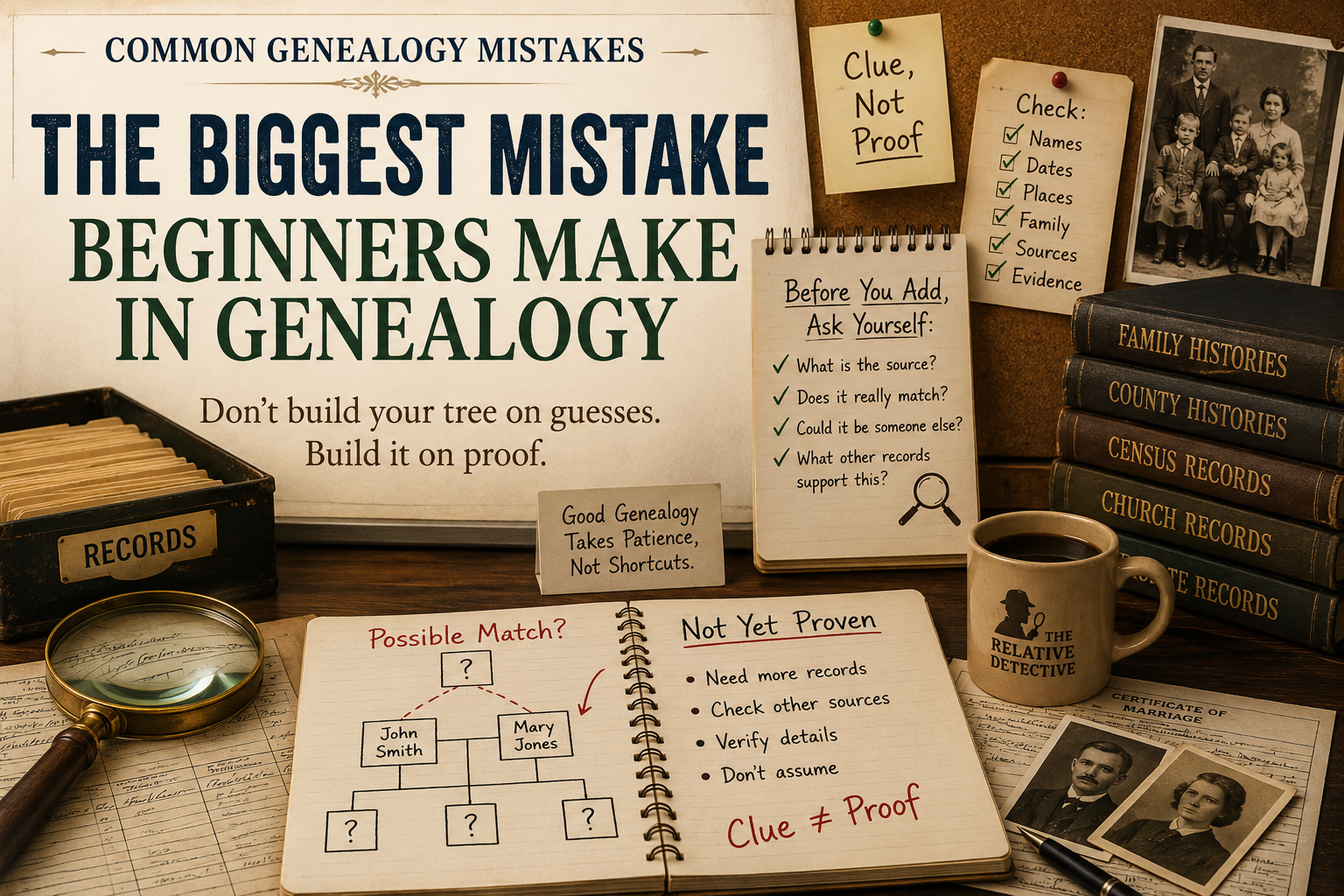 Beginner genealogist reviewing family tree records at a desk with old photos, documents, notes, and a laptop while checking sources before adding people to a family tree.