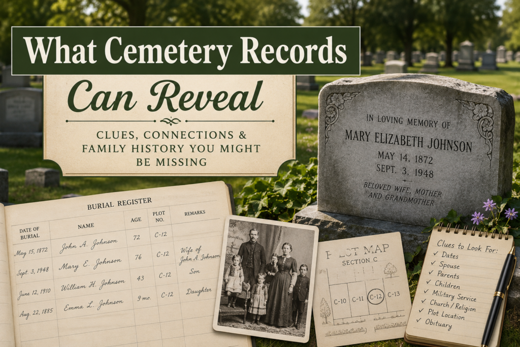 Cemetery genealogy scene with a gravestone, burial register, family photo, research notes, cemetery map, and magnifying glass.