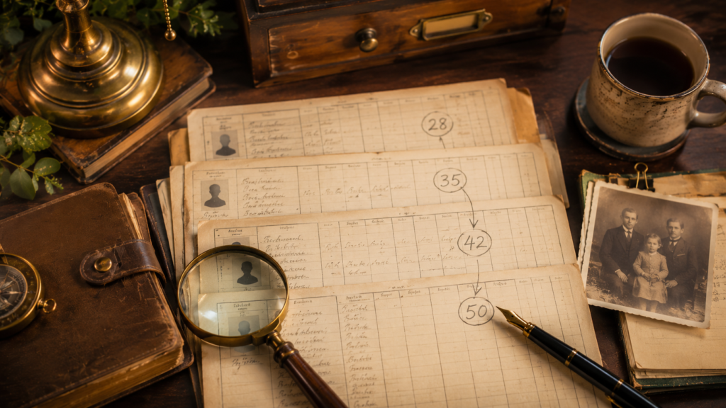 Old census records with different ages circled, a magnifying glass, fountain pen, family photo, and genealogy research notes on a vintage desk.