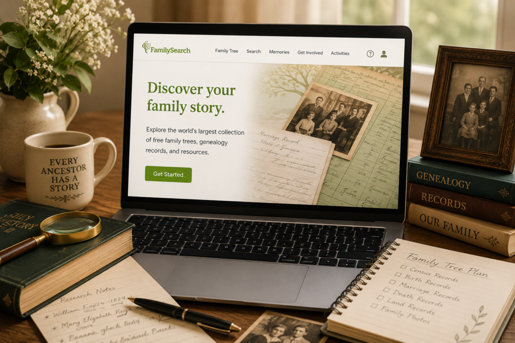 FamilySearch featured image showing a cozy genealogy research desk with a laptop displaying the FamilySearch website, old family photos, books, notes, and a family tree plan.