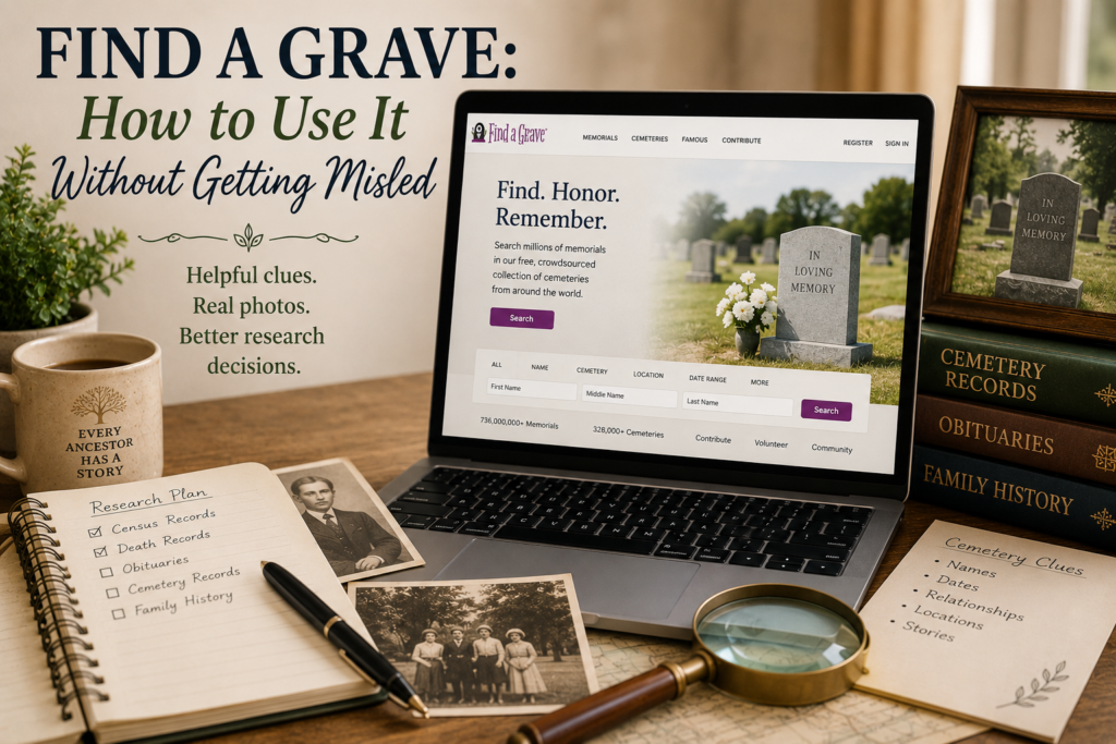 Find a Grave featured image showing a peaceful cemetery research scene with gravestones, old family photos, genealogy notes, flowers, and a magnifying glass.