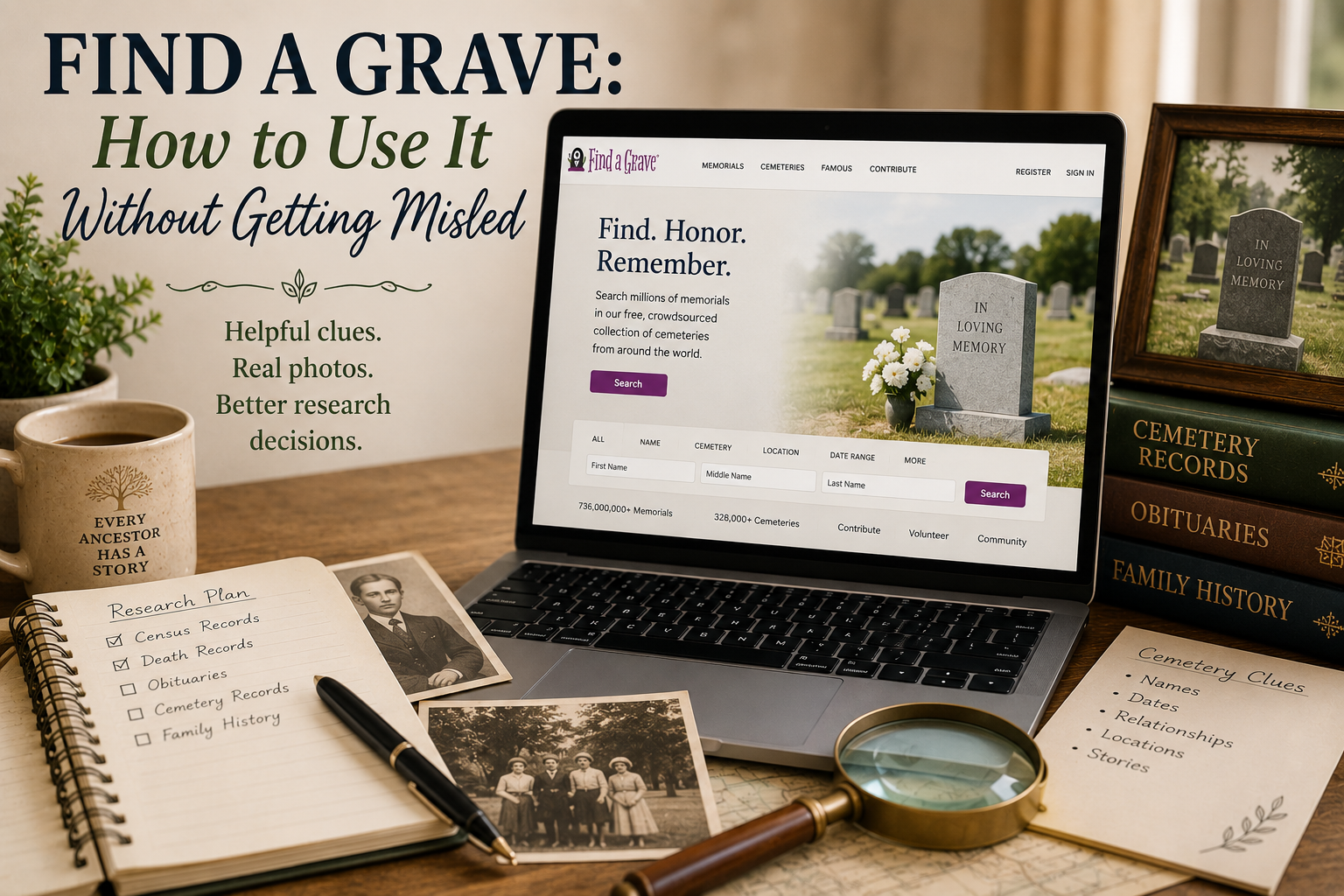 Find a Grave featured image showing a peaceful cemetery research scene with gravestones, old family photos, genealogy notes, flowers, and a magnifying glass.