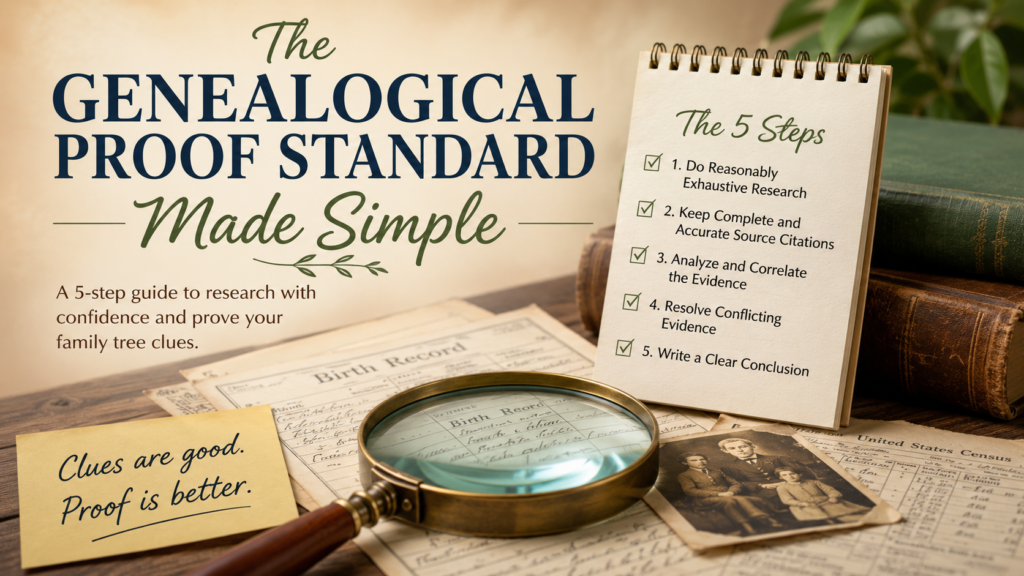 Genealogy research desk with old records, magnifying glass, family photo, and a checklist explaining the five steps of the Genealogical Proof Standard.