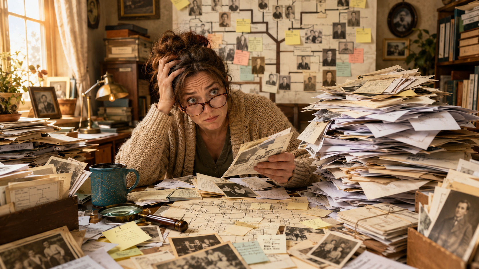 Overwhelmed person surrounded by a huge pile of messy genealogy papers, family photos, notes, and research records in a cluttered home office.