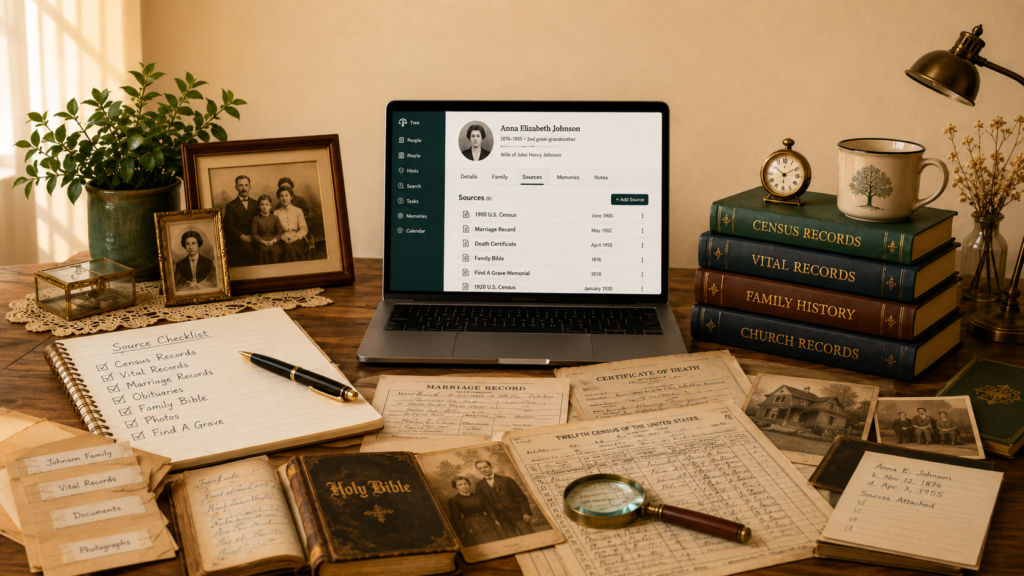 Warm genealogy research workspace with a laptop showing family tree sources, old records, family photos, labeled folders, source checklist notes, books, and a magnifying glass.