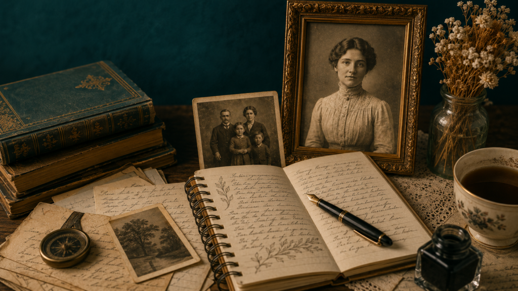 Vintage genealogy desk scene with old family photos, handwritten notes, books, a pen, ink bottle, flowers, and tea for a post about writing a short ancestor profile.