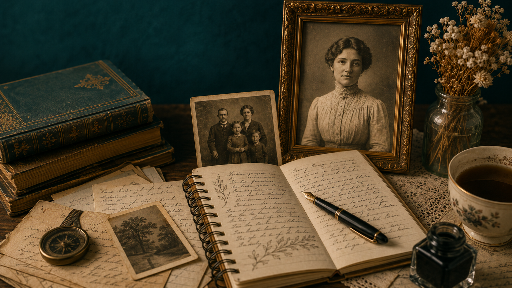 Vintage genealogy desk scene with old family photos, handwritten notes, books, a pen, ink bottle, flowers, and tea for a post about writing a short ancestor profile.