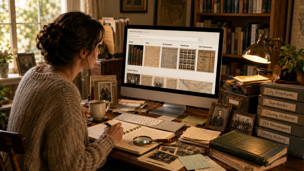 Featured image for Internet Archive genealogy guide, showing a cozy research desk with a person searching digital archives, old books, family photos, notes, and labeled genealogy resources.