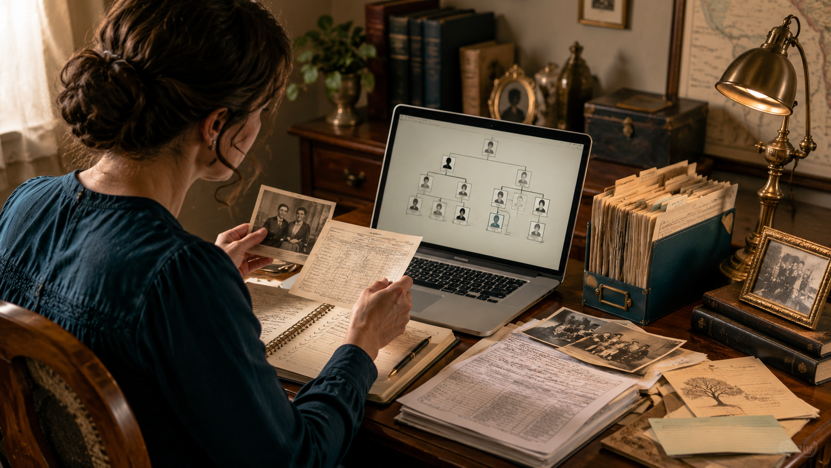 Person researching family history at a desk with a laptop showing a family tree, old records, family photos, and genealogy notes.