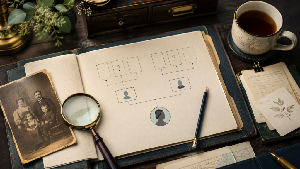 Open notebook with a simple family tree chart, magnifying glass, pencil, old family photo, and genealogy research notes on a vintage desk.