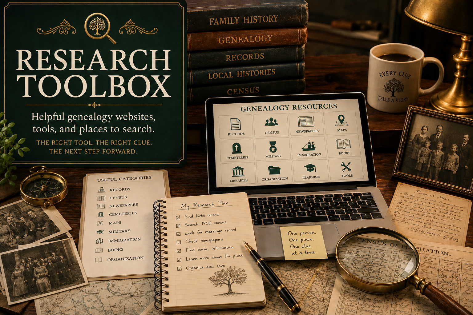 Research Toolbox genealogy image with family history books, a laptop, records, maps, family photos, a notebook, and a magnifying glass.