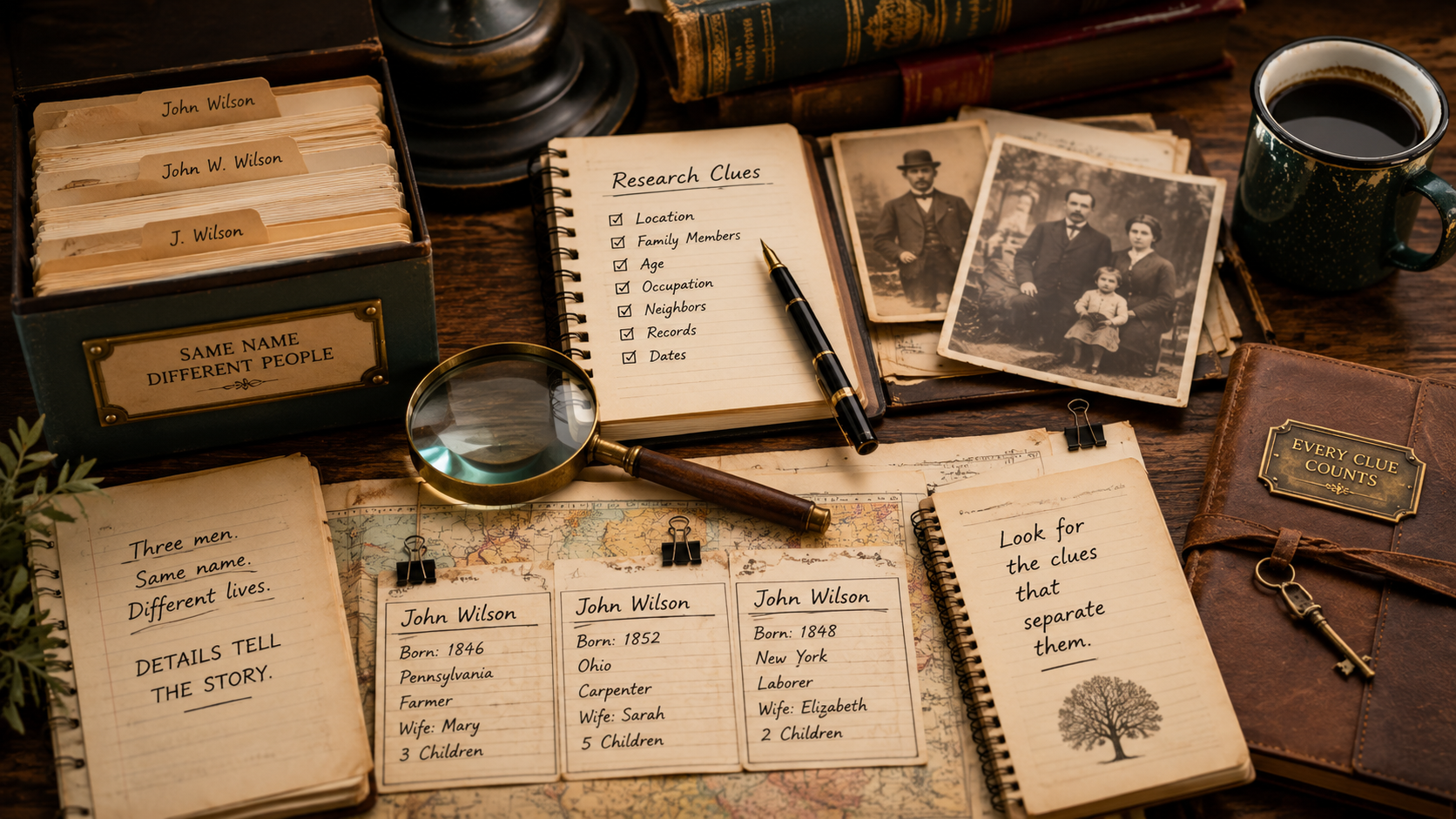 Genealogy research desk with notes comparing people with the same name, family photos, record cards, and a magnifying glass.