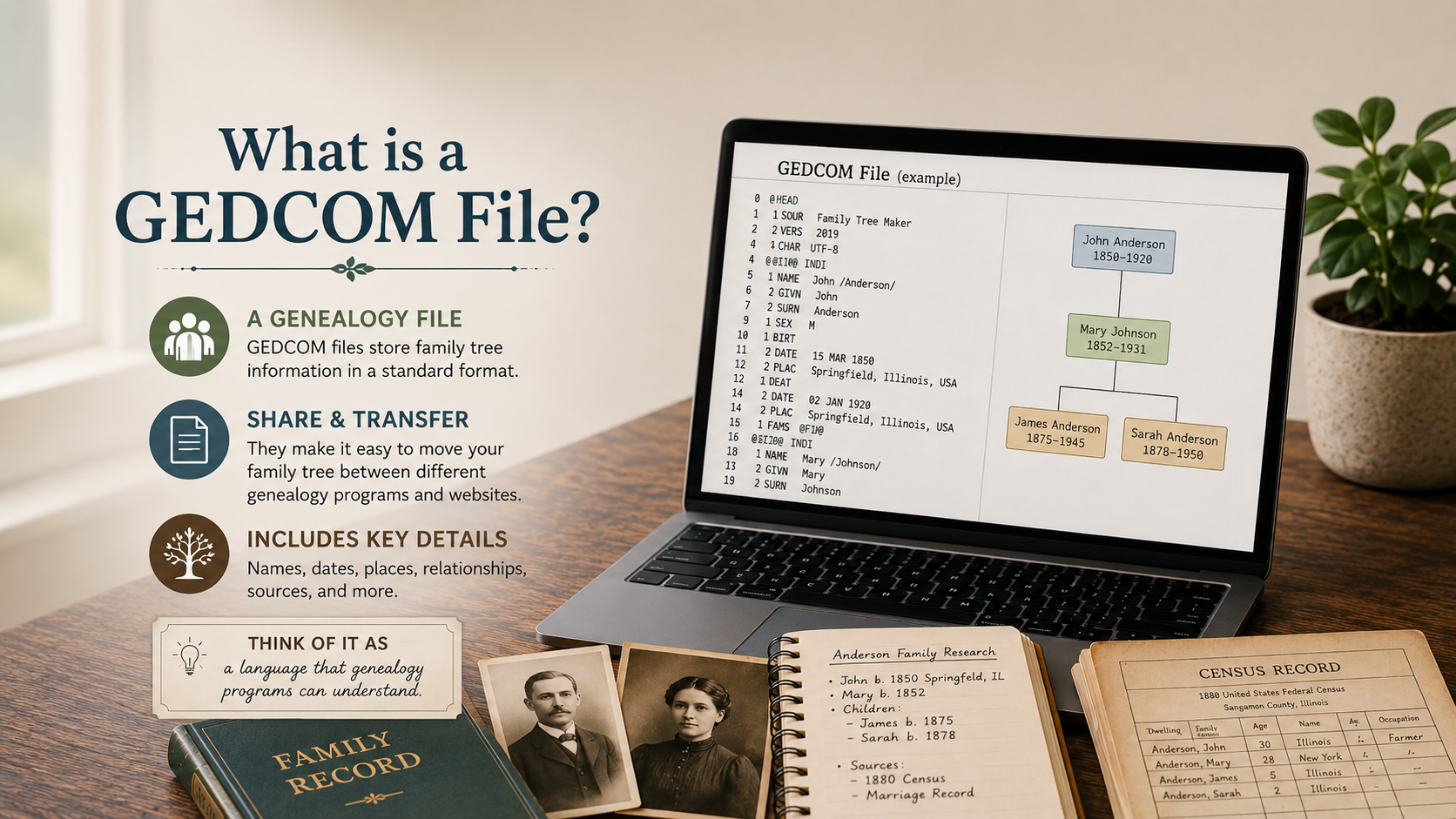 Laptop showing a GEDCOM file example and family tree chart beside genealogy notes, old family photos, and census records.