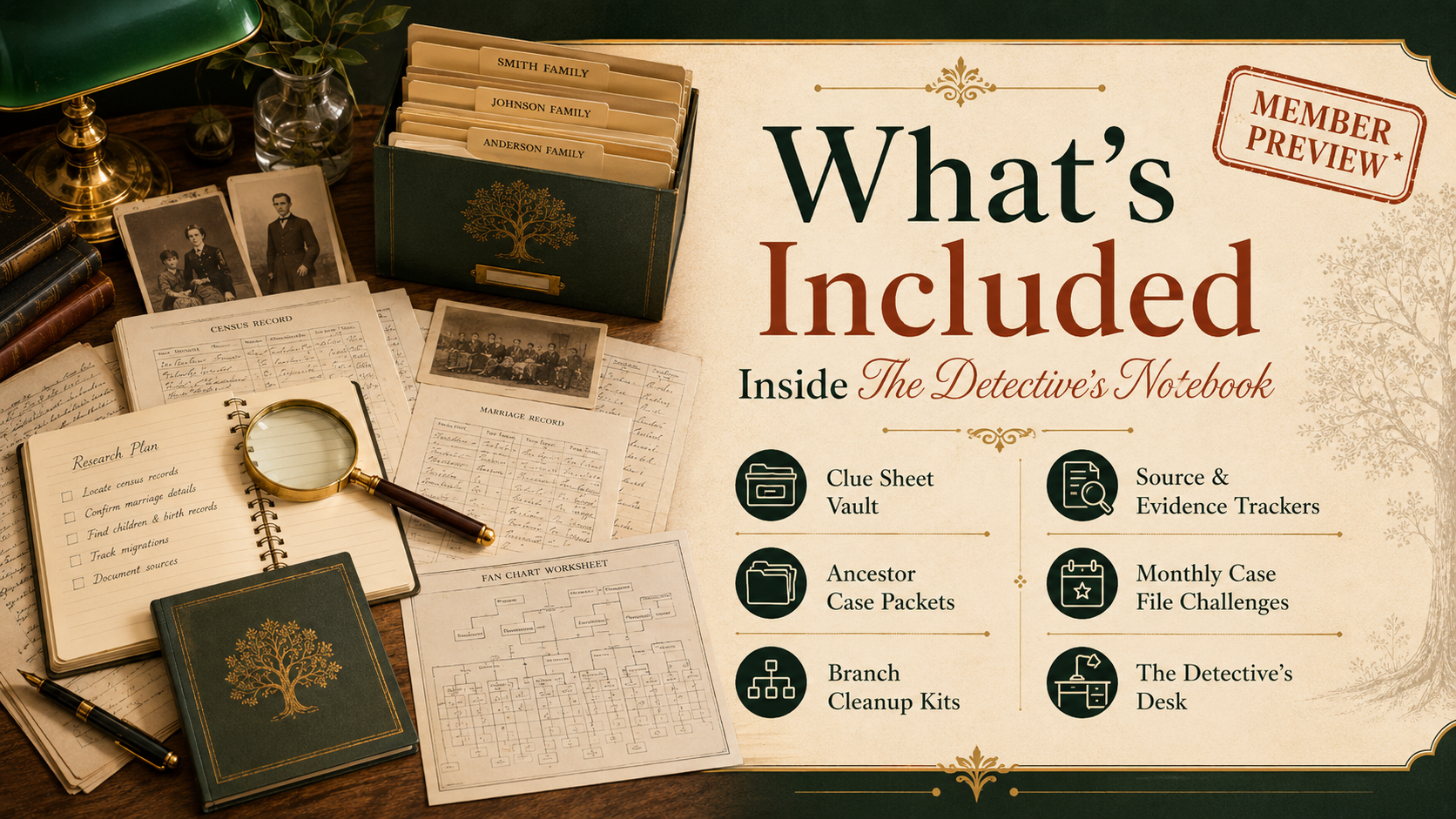 Featured image for the What’s Included membership page showing genealogy folders, records, clue sheets, source trackers, case packets, and research desk tools.