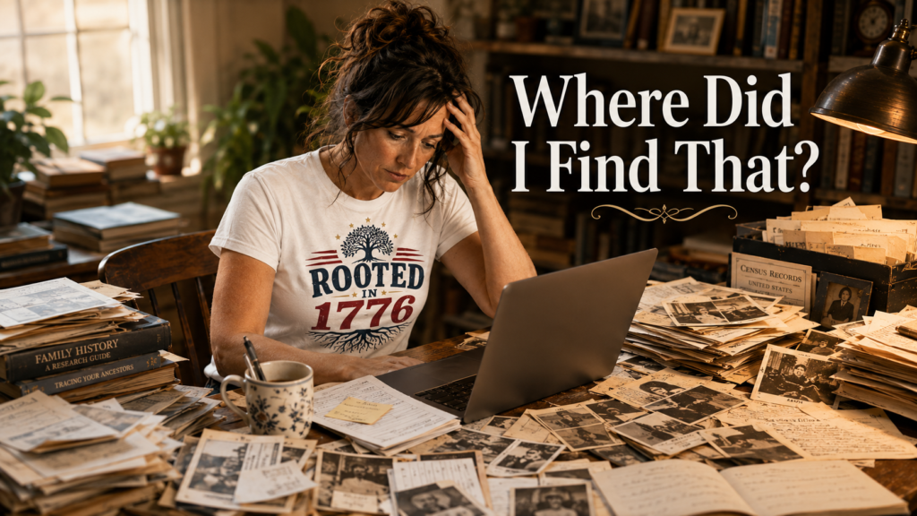Overwhelmed woman at a computer wearing a Rooted in 1776 shirt while surrounded by piles of genealogy photos, papers, records, and research notes.